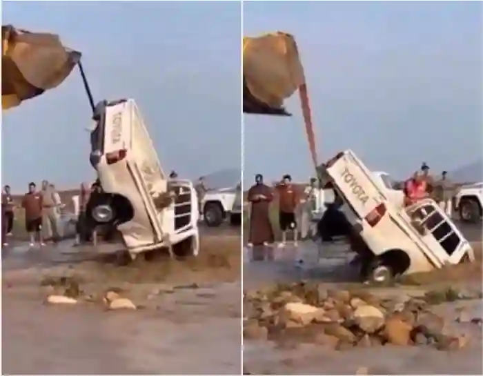 فيديو كارثة في السعودية بعد ما حاول شيول إخراج هايلكس من مجرى السيل 