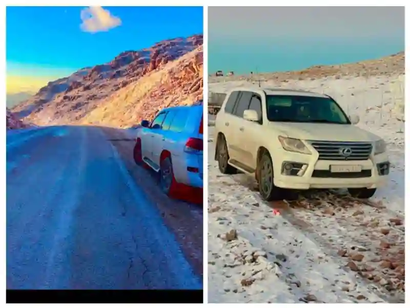 فيديو مذهل لحظة تساقط الثلوج على جبال اللوز في تبوك شمال السعودية وكل شيء يتحول للون الأبي